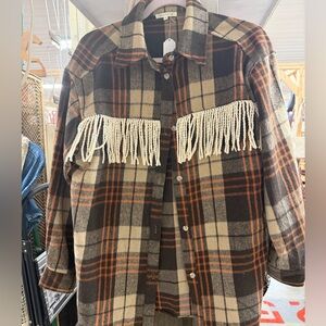 Fringed Plaid Button-Up Shacket in Brown and Cream with Orange Accents